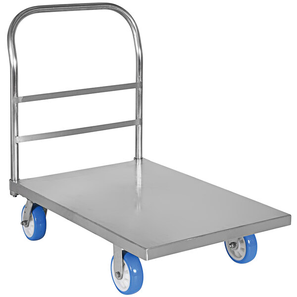 a metal cart with blue wheels
