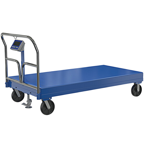 A blue steel Vestil platform truck with a metal frame and wheels.