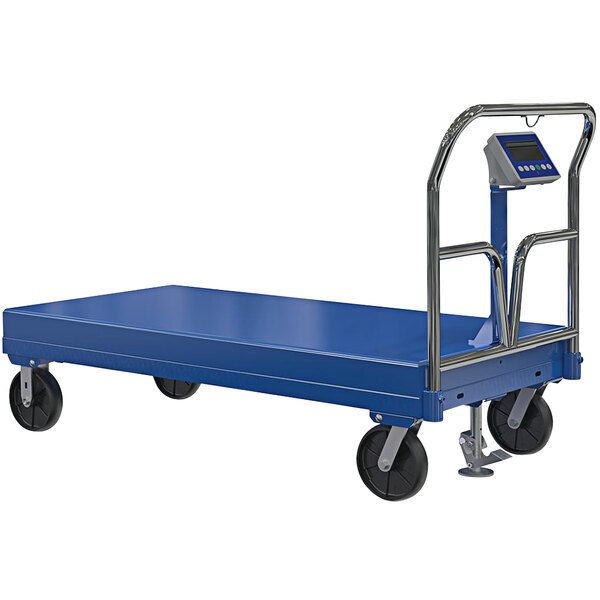 A blue steel Vestil platform truck with a scale.