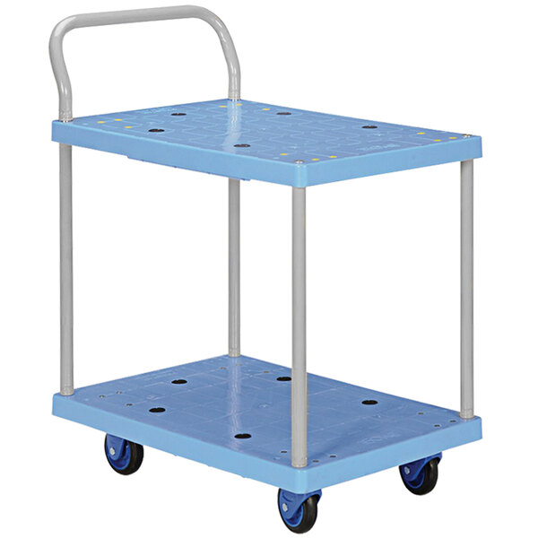 A blue Vestil double deck platform truck with wheels and a handle.
