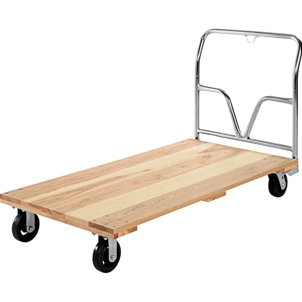 A wooden platform with black wheels.