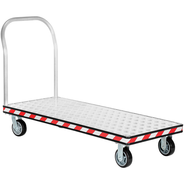 A white metal Vestil platform truck with black wheels.