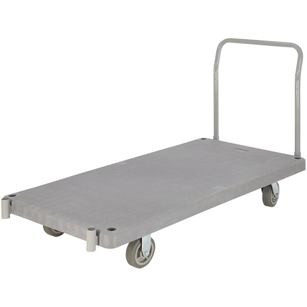 A grey Vestil heavy-duty plastic platform truck with wheels and a handle.