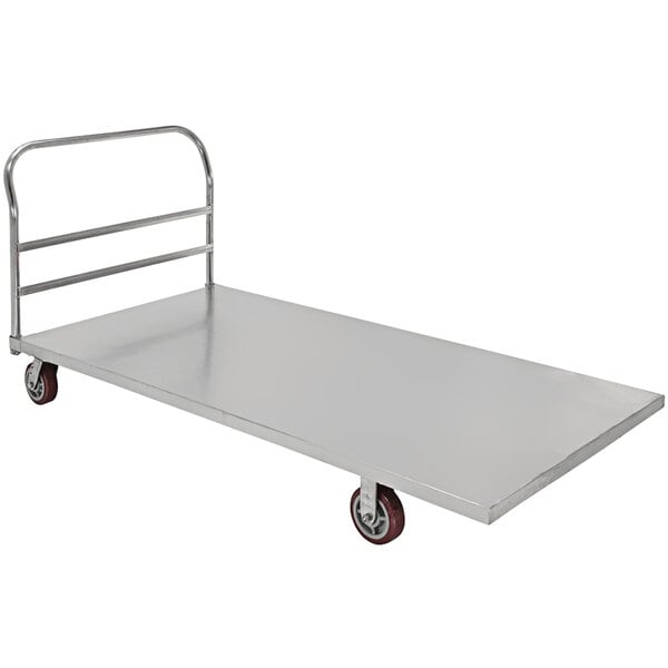 A Vestil stainless steel platform truck with red wheels.