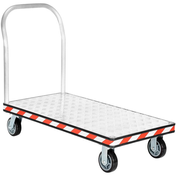 A white metal Vestil platform truck with black wheels and a red stripe.