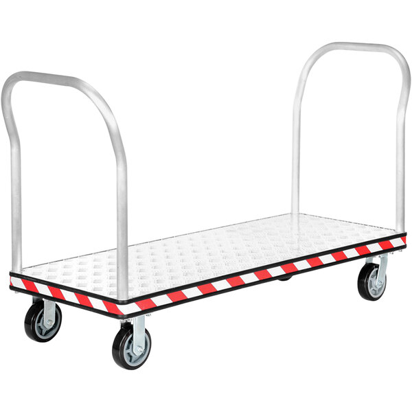 A Vestil heavy-duty aluminum platform truck with metal handles and wheels.