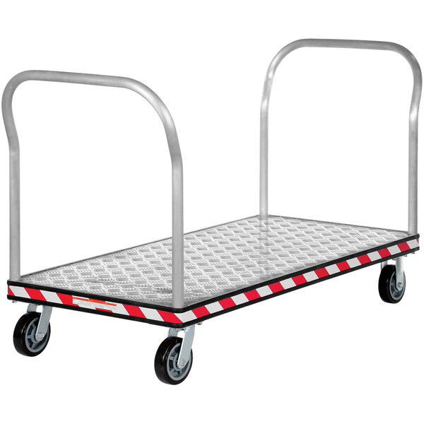 A Vestil aluminum platform truck with metal handles and black wheels.