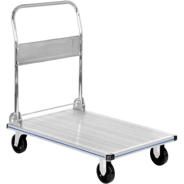 A silver aluminum Vestil folding platform truck with black wheels.