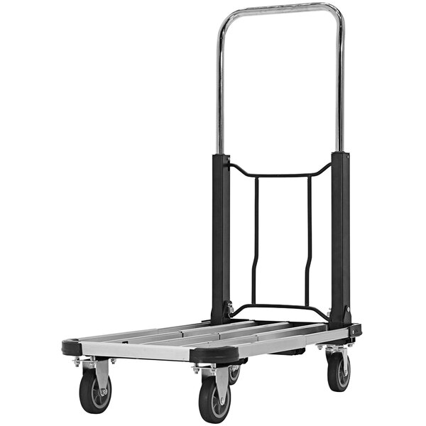 A Vestil aluminum platform truck with wheels and handles.