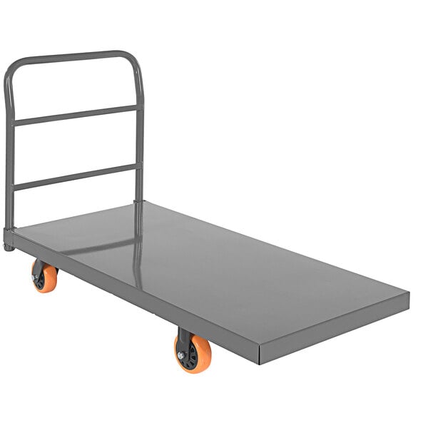 A gray metal Vestil platform truck with orange wheels.