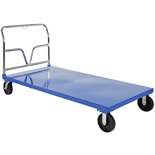 A blue metal Vestil platform truck with black wheels.