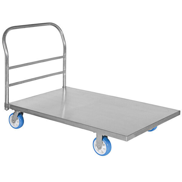 A Vestil stainless steel platform truck with blue wheels.