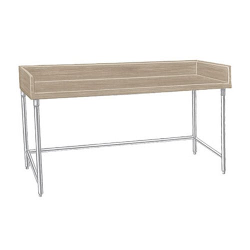 A drawing of an Advance Tabco wood top baker's table with a galvanized metal base.