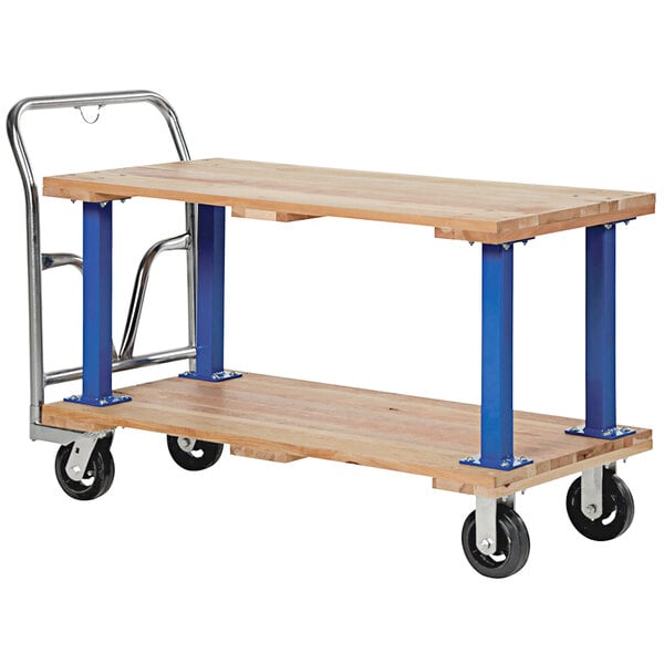 A wood and metal Vestil double decker platform truck with blue wheels.