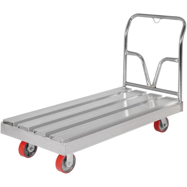 A silver metal Vestil platform truck with red wheels.