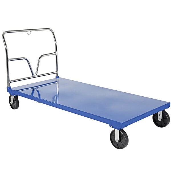 A blue steel platform truck with a metal frame and black wheels.
