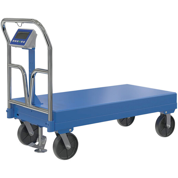 A blue Vestil platform truck with a digital scale and wheels.