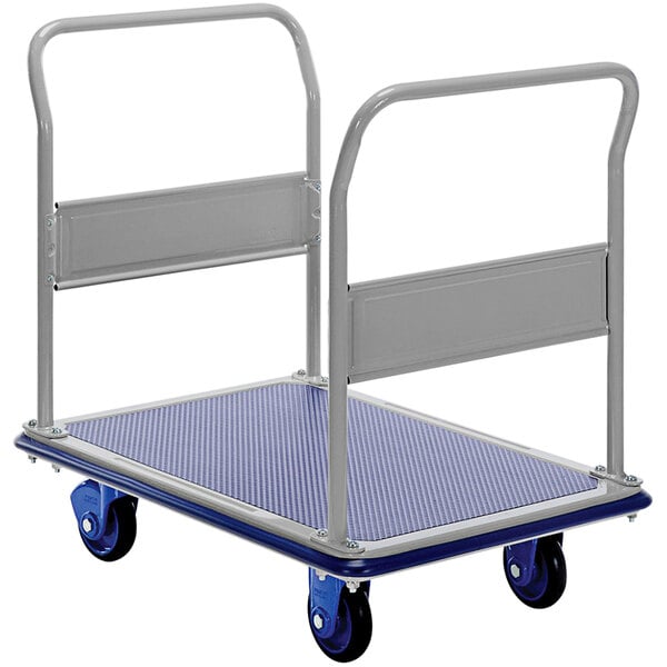 a cart with blue wheels