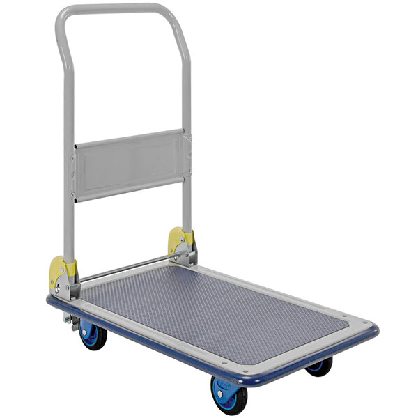 A blue Vestil platform truck with wheels and a folding handle.