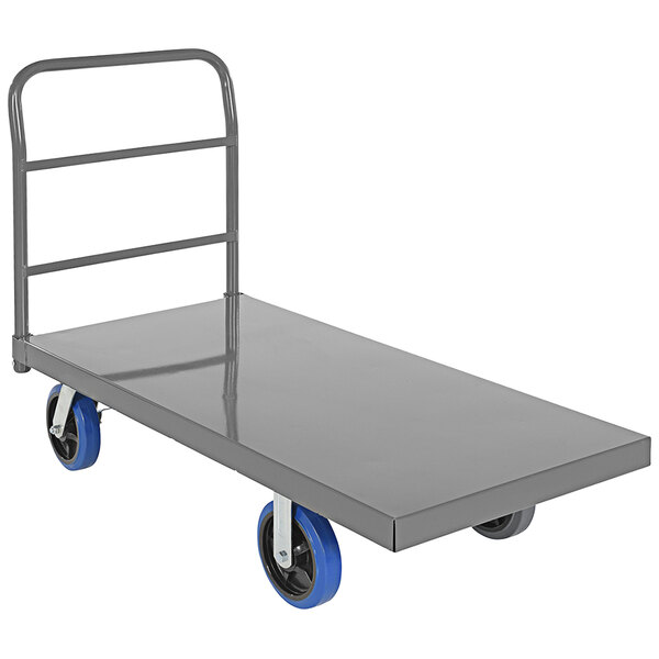 A gray steel platform truck with blue wheels.