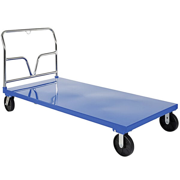 A blue steel Vestil platform truck with black wheels.