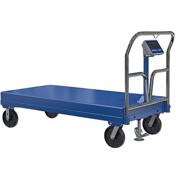 A blue steel Vestil platform truck with a scale.