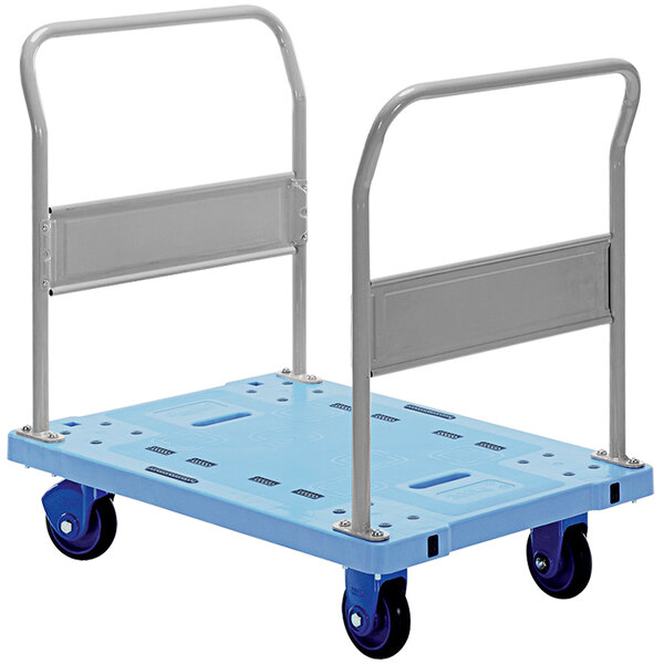 A blue platform truck with metal handles.
