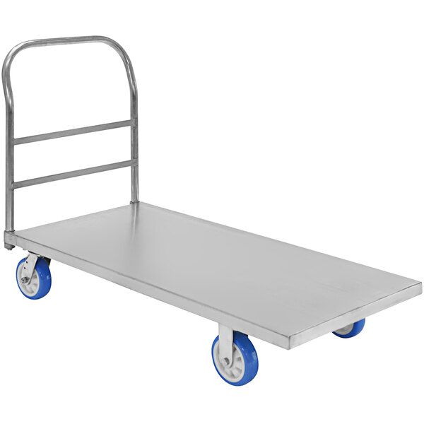 a metal cart with blue wheels