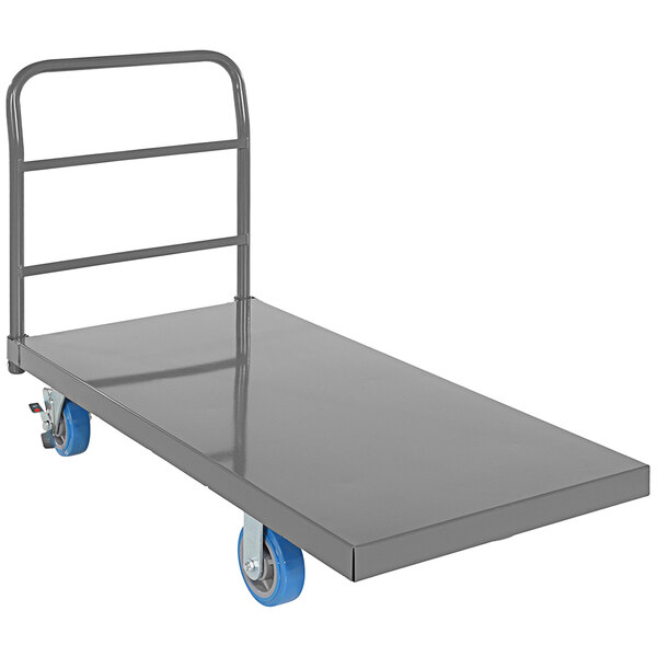 A gray Vestil steel platform truck with blue polyurethane wheels.
