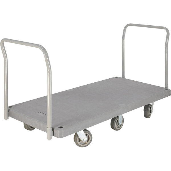 A grey Vestil plastic platform truck with metal handles.