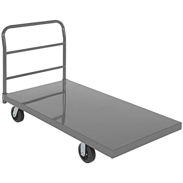 A grey metal Vestil platform truck with black wheels.