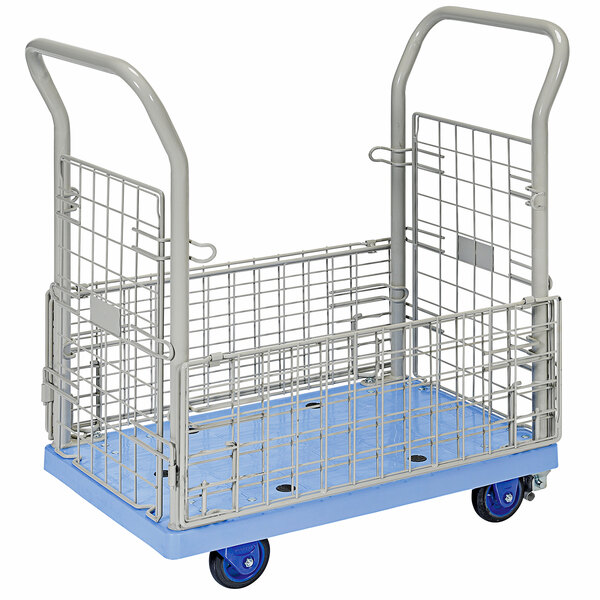 A blue Vestil plastic platform truck with mesh sides and metal bars.