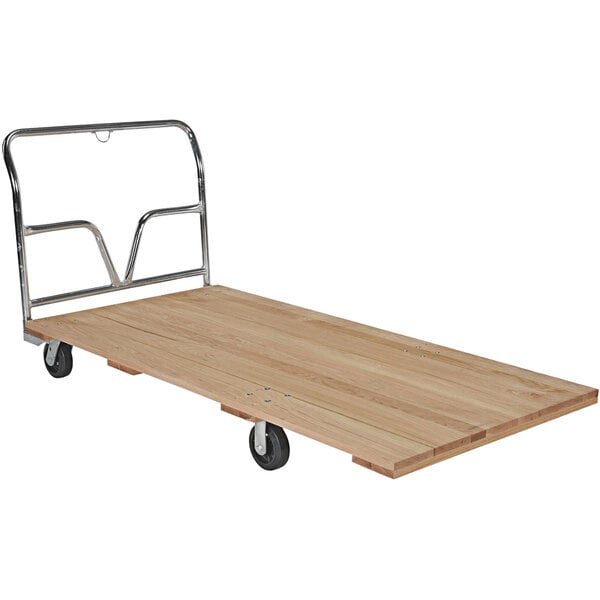 A wooden platform on a metal frame with wheels.