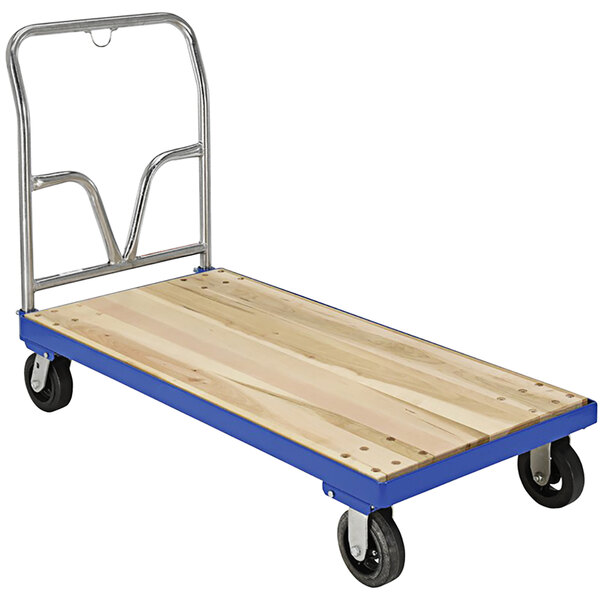 A blue and silver platform truck with a wooden board.