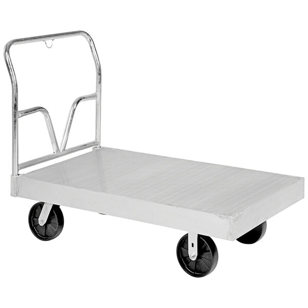 a silver cart with black wheels
