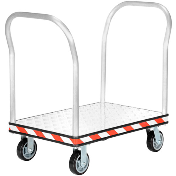 A Vestil heavy-duty dual handle platform truck with metal wheels and handles.