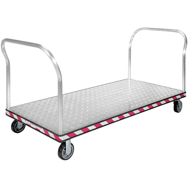 A Vestil heavy-duty aluminum platform truck with metal handles.