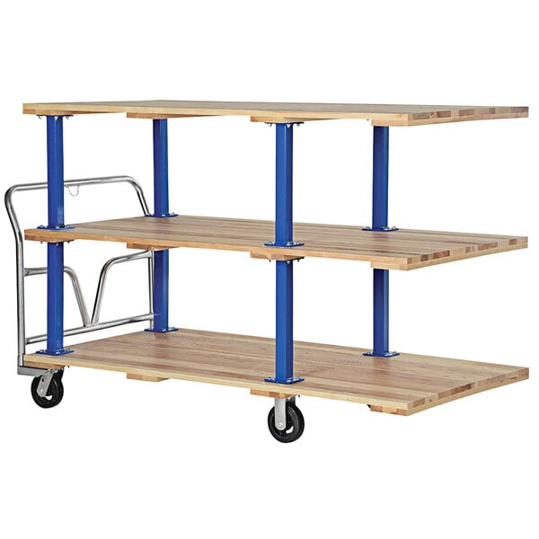 a wood shelf with blue metal rods