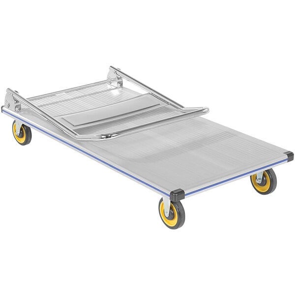 A silver metal Vestil aluminum folding platform truck with yellow wheels.