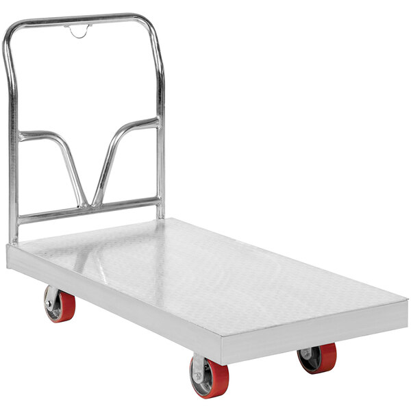 A silver metal Vestil platform truck with red wheels.