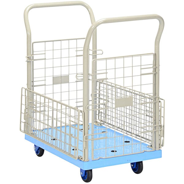 A blue Vestil platform truck with mesh sides.