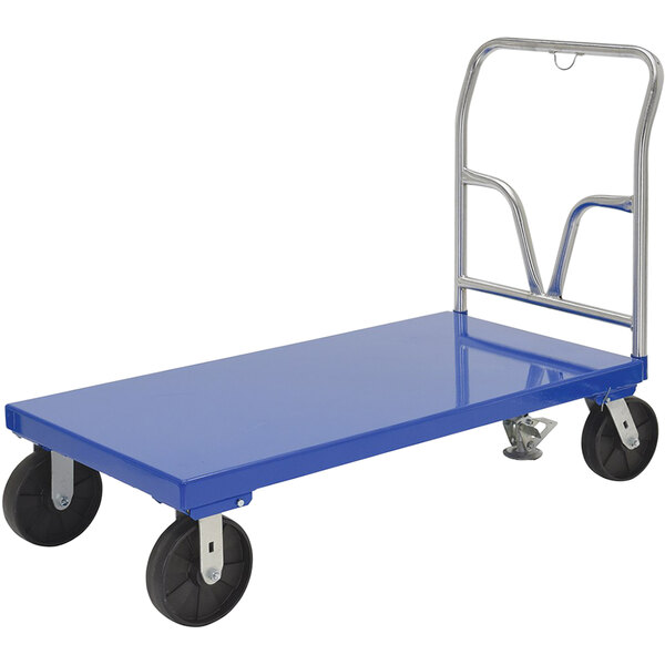 A blue Vestil steel platform truck with black wheels.