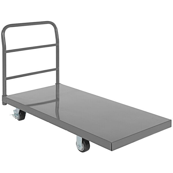 A gray steel Vestil platform truck with wheels.