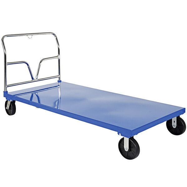 A blue Vestil steel platform truck with black wheels.