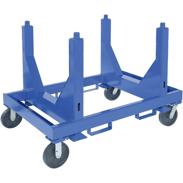 A blue metal Vestil V-Bottom material cart with black wheels.