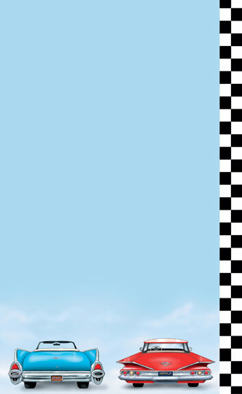 The right insert for a menu with a retro car design featuring two cartoon cars parked in front of a checkered background.
