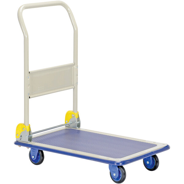 A blue and white Vestil platform truck with a folding handle.