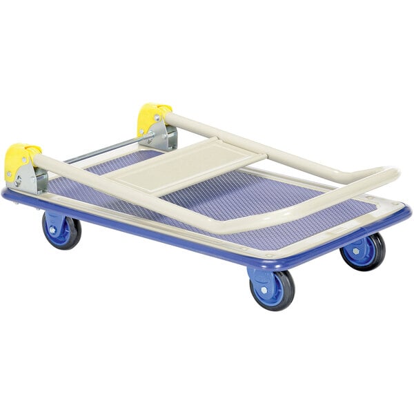 A blue and white Vestil platform truck with wheels.