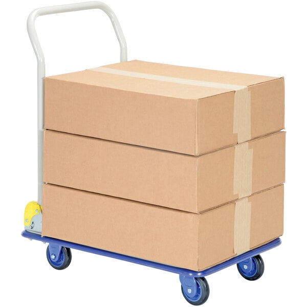 A blue Vestil platform truck with three boxes on it.