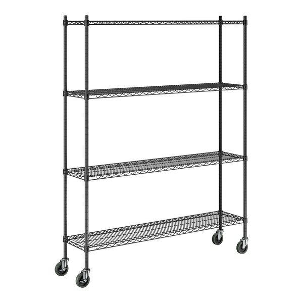 A black epoxy four-shelf metal storage rack with casters and tall posts.